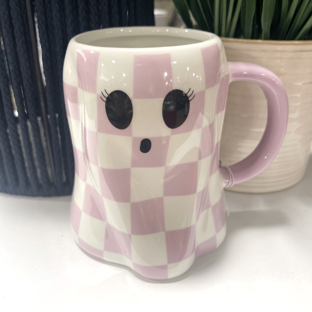 Halloween Pink Ghost Girl Purple Checkerboard Pattern Ceramic Coffee mug NWT